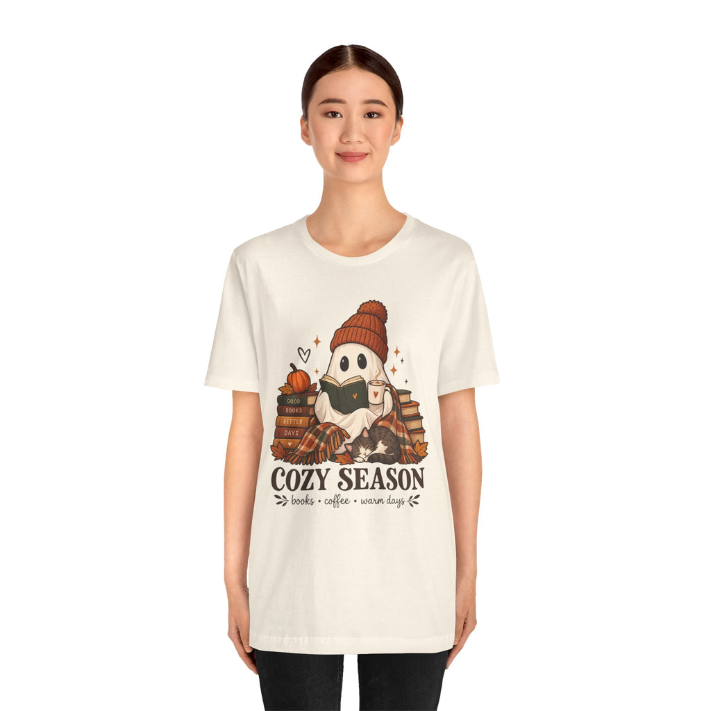 Cute Ghost with Books, Pumpkin & 'Cozy Season' Fall Shirt