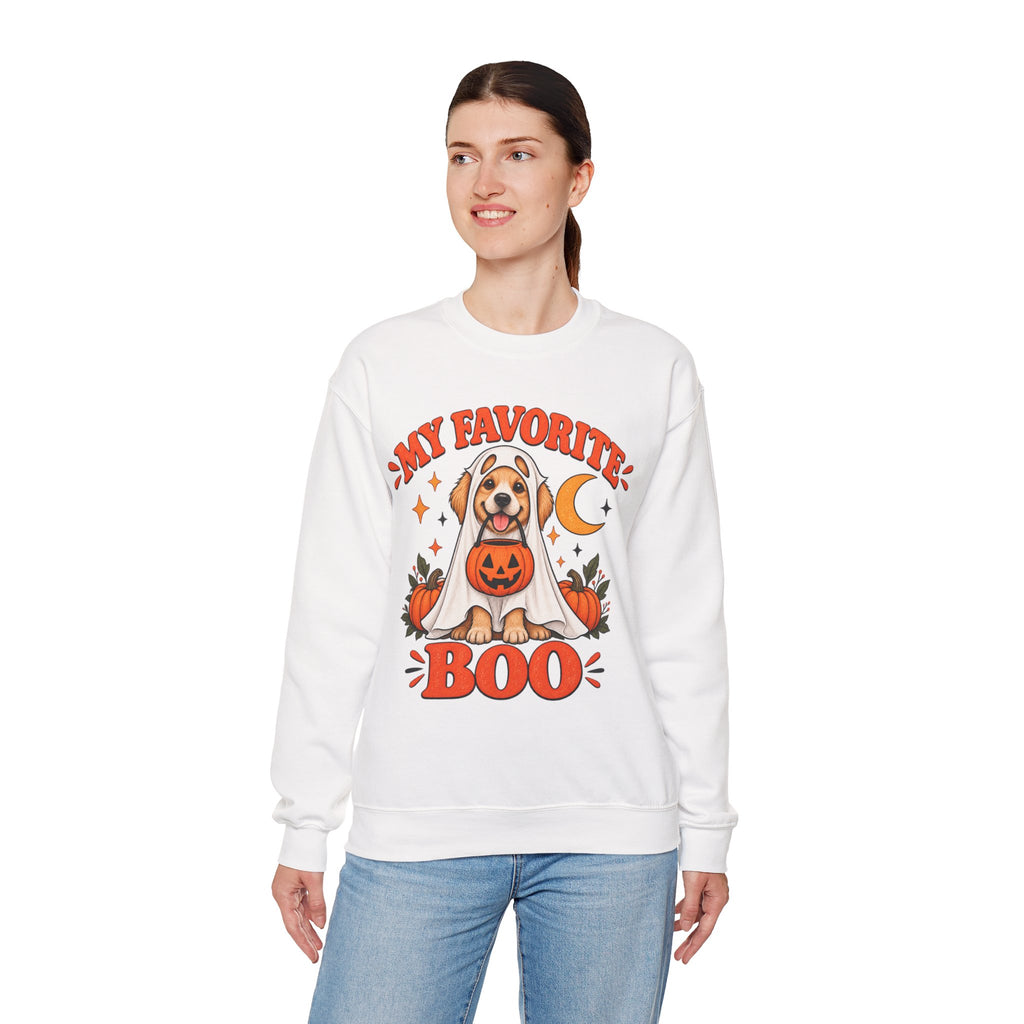 Get into the cozy, spooky spirit with our 'My Dog Is My Favorite Boo' Crewneck Sweatshirt!