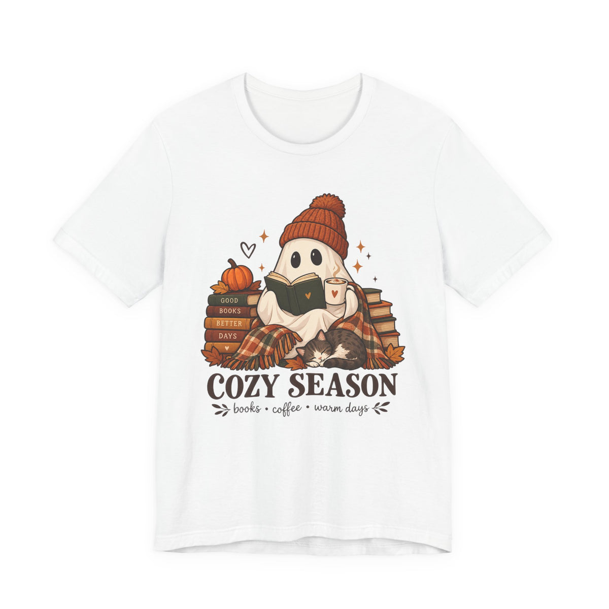 Cute Ghost with Books, Pumpkin & 'Cozy Season' Fall Shirt