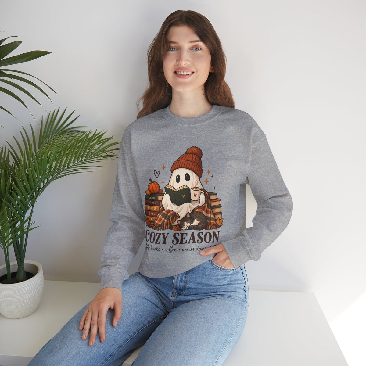 Cozy Season Sweatshirt — Cute Ghost with Books, Coffee & Warm Vibes