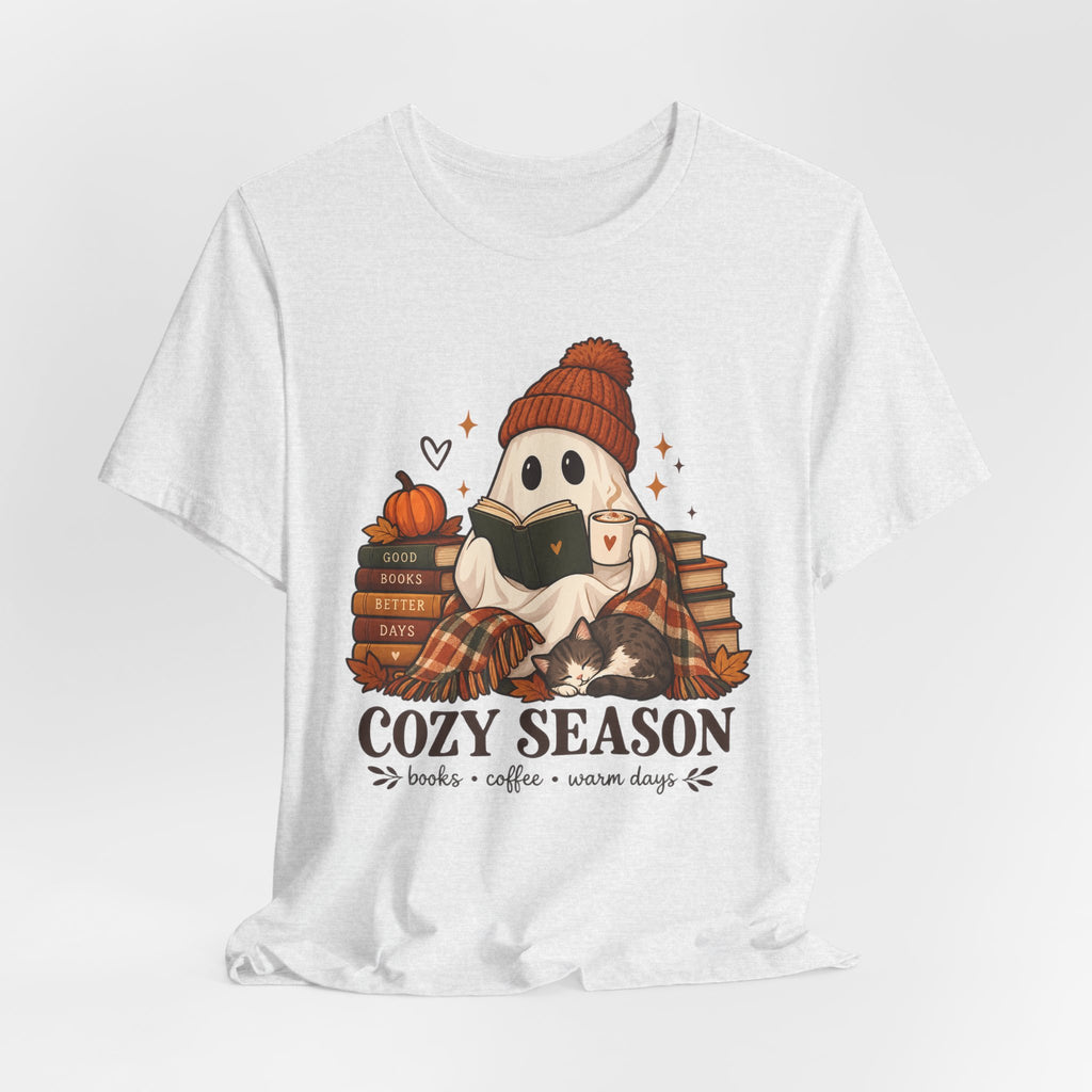 Cute Ghost with Books, Pumpkin & 'Cozy Season' Fall Shirt
