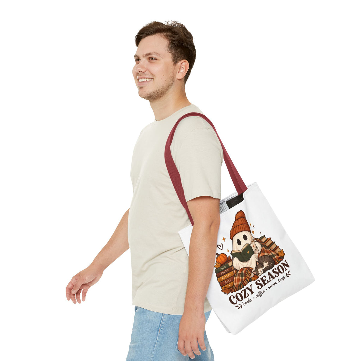 Cozy Season Tote Bag – Autumn Ghost Reading with Books, Coffee & Warm Days