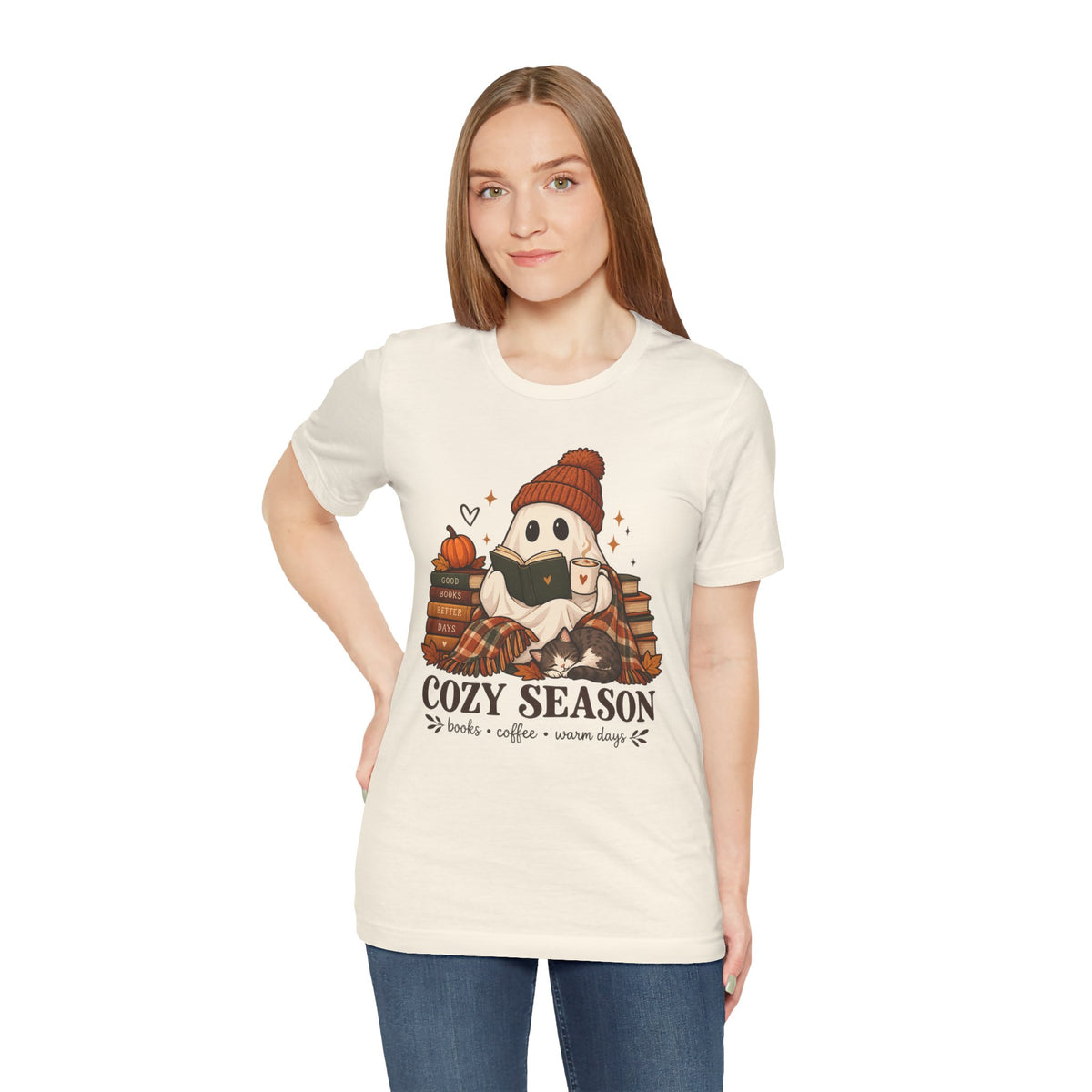 Cute Ghost with Books, Pumpkin & 'Cozy Season' Fall Shirt