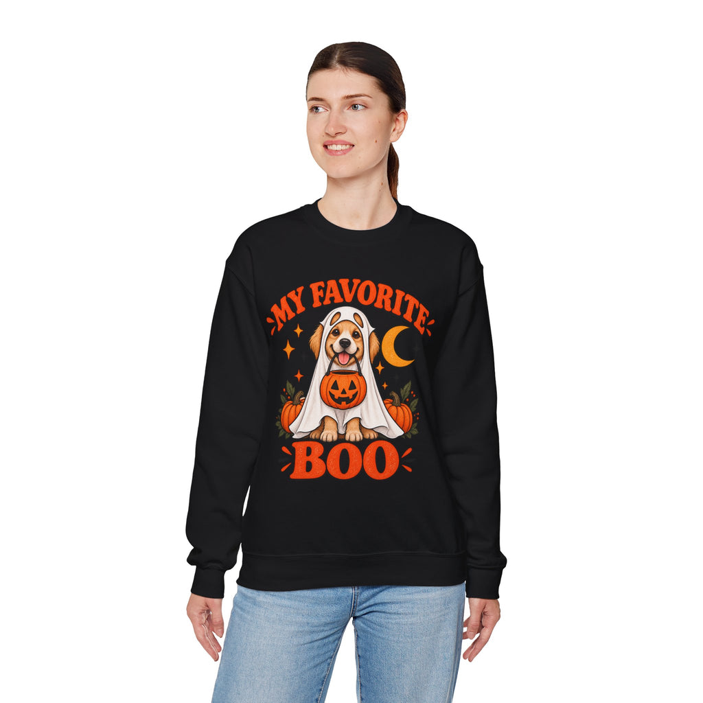 Get into the cozy, spooky spirit with our 'My Dog Is My Favorite Boo' Crewneck Sweatshirt!