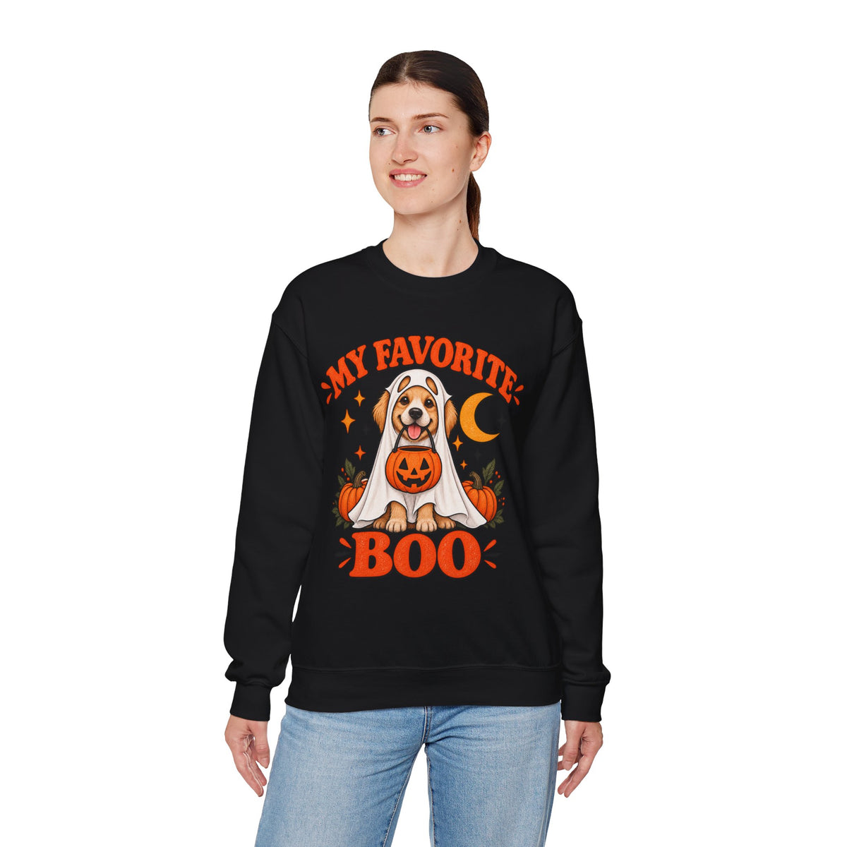 Get into the cozy, spooky spirit with our 'My Dog Is My Favorite Boo' Crewneck Sweatshirt!