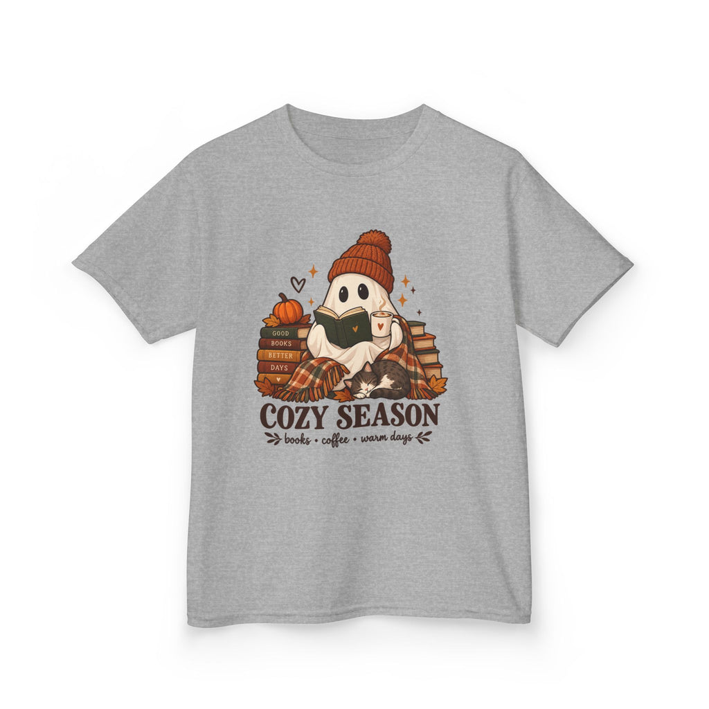 Kids Tee — "Cozy Season" Cute Ghost with Books & Pumpkin Fall Shirt