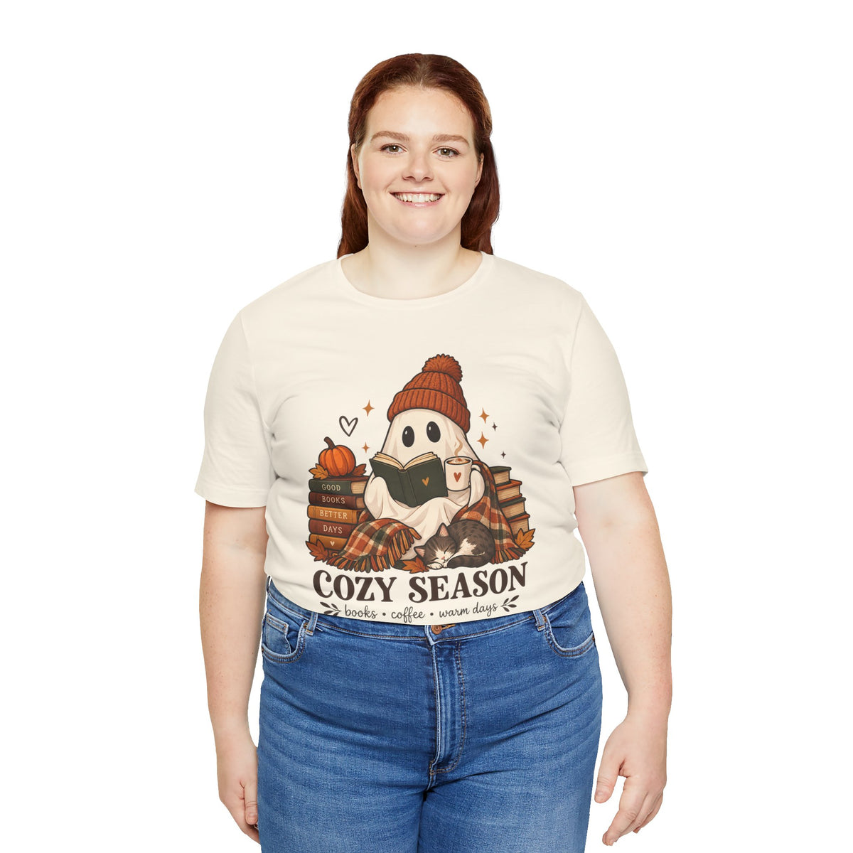 Cute Ghost with Books, Pumpkin & 'Cozy Season' Fall Shirt