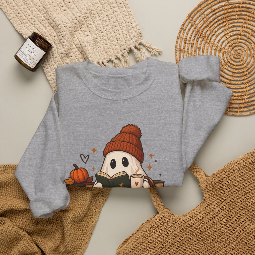 Cozy Season Sweatshirt — Cute Ghost with Books, Coffee & Warm Vibes