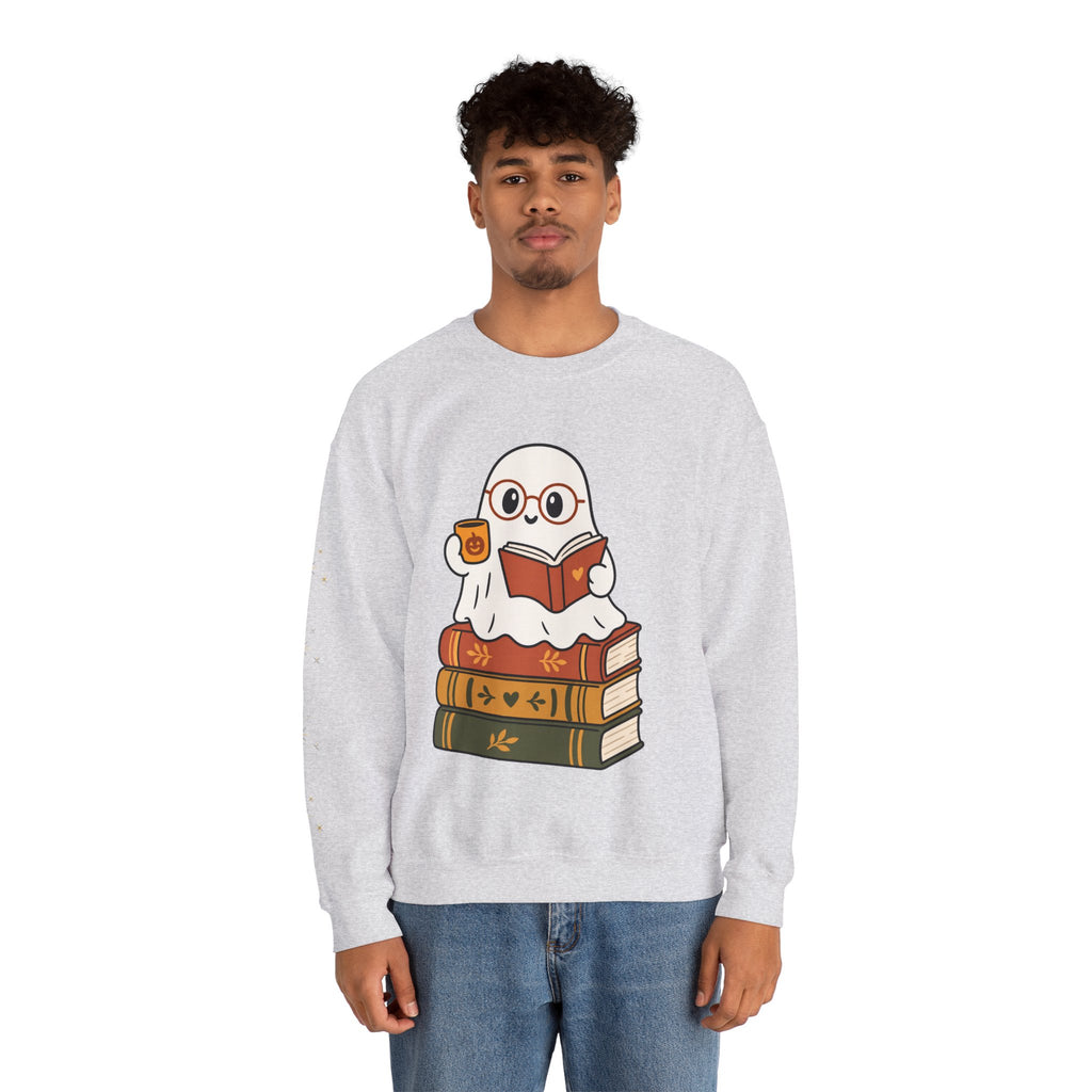 Ghost Reader Sweatshirt — Cute Bookworm Ghost on Stacked Books with Coffee