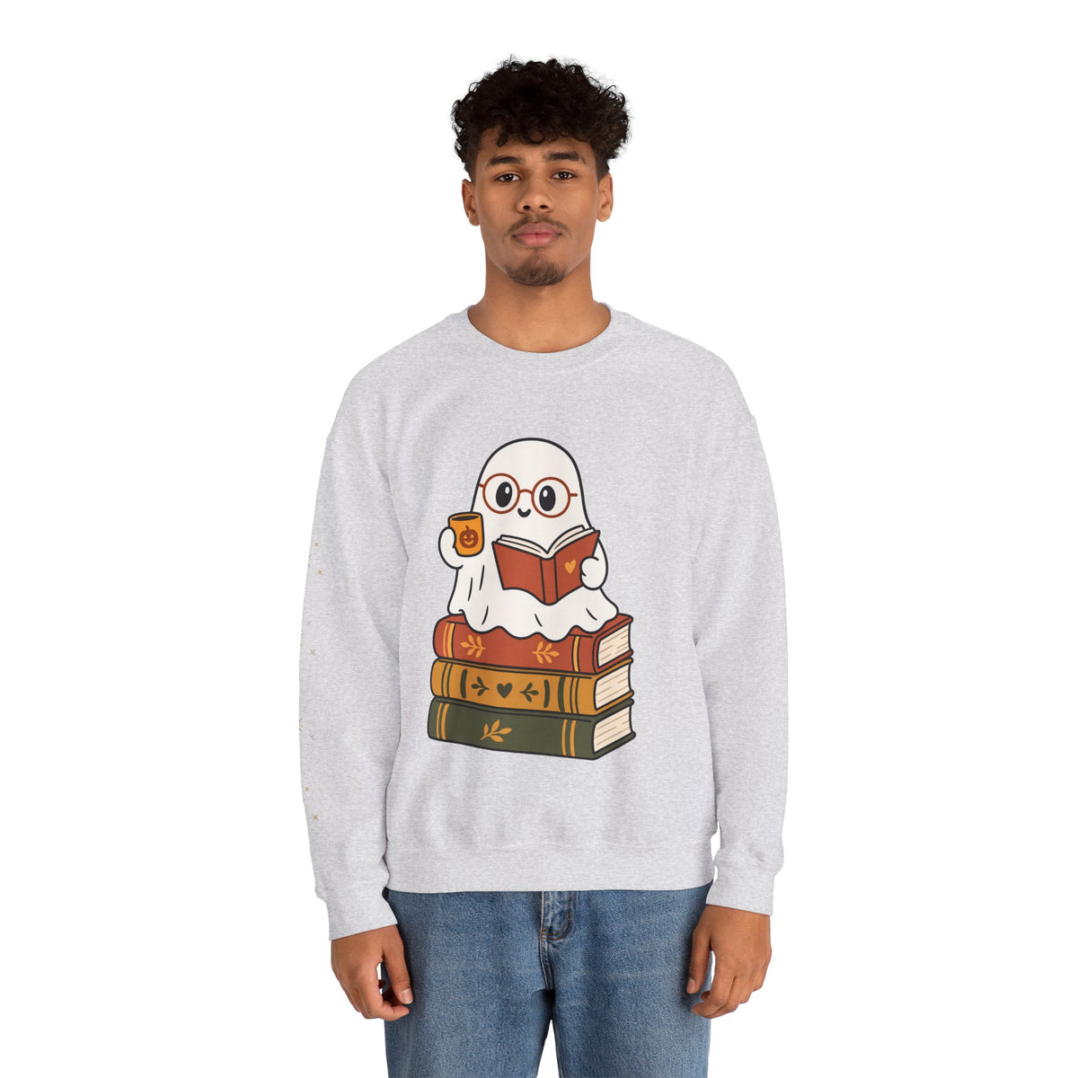 Ghost Reader Sweatshirt — Cute Bookworm Ghost on Stacked Books with Coffee