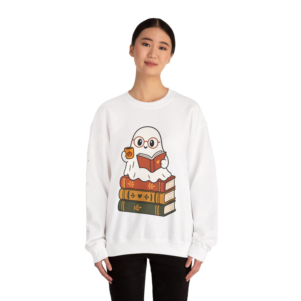 Ghost Reader Sweatshirt — Cute Bookworm Ghost on Stacked Books with Coffee