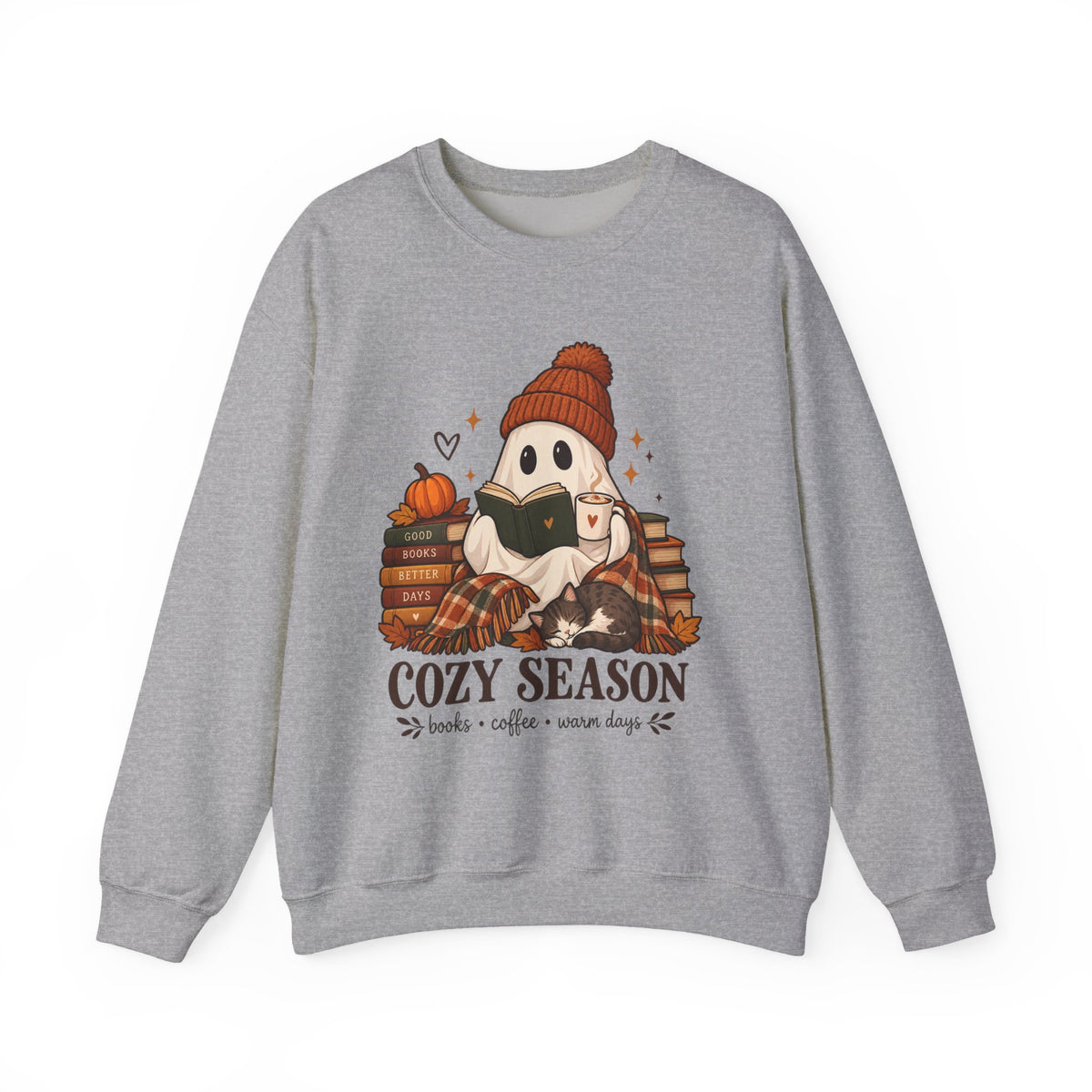 Cozy Season Sweatshirt — Cute Ghost with Books, Coffee & Warm Vibes