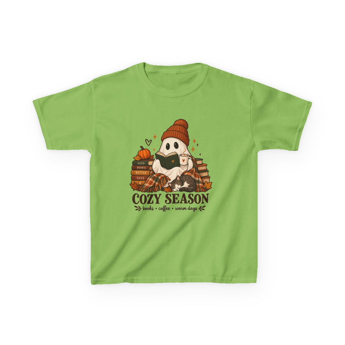 Kids Tee — "Cozy Season" Cute Ghost with Books & Pumpkin Fall Shirt