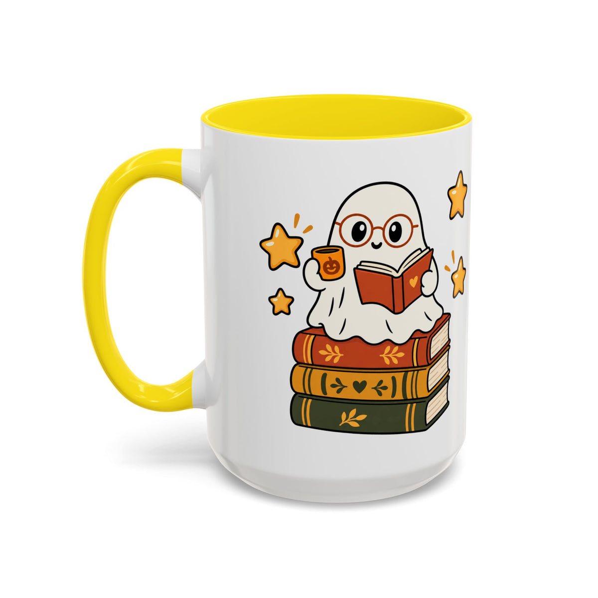 Reading Ghost Coffee Mug — Cute Halloween Book Lover Accent Mug 11oz / 15oz