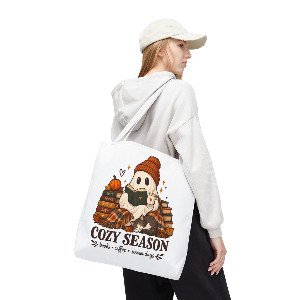Cozy Season Tote Bag – Autumn Ghost Reading with Books, Coffee & Warm Days
