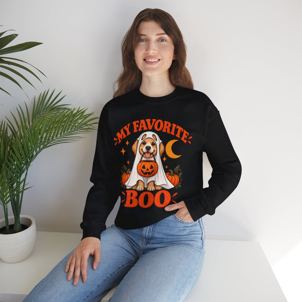 Get into the cozy, spooky spirit with our 'My Dog Is My Favorite Boo' Crewneck Sweatshirt!