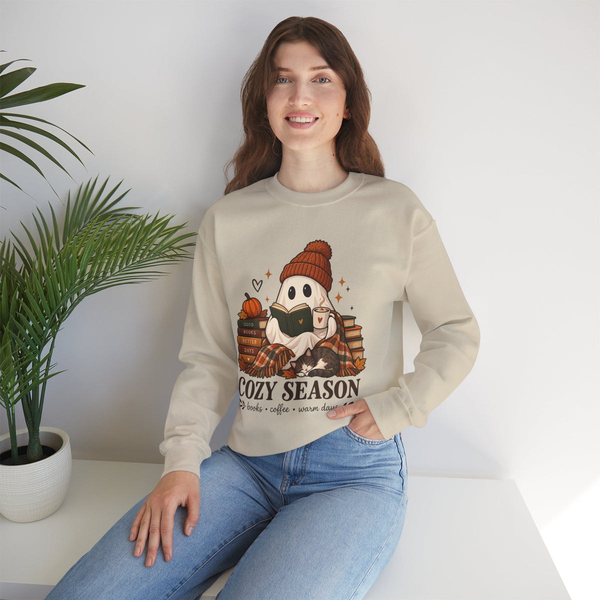 Cozy Season Sweatshirt — Cute Ghost with Books, Coffee & Warm Vibes