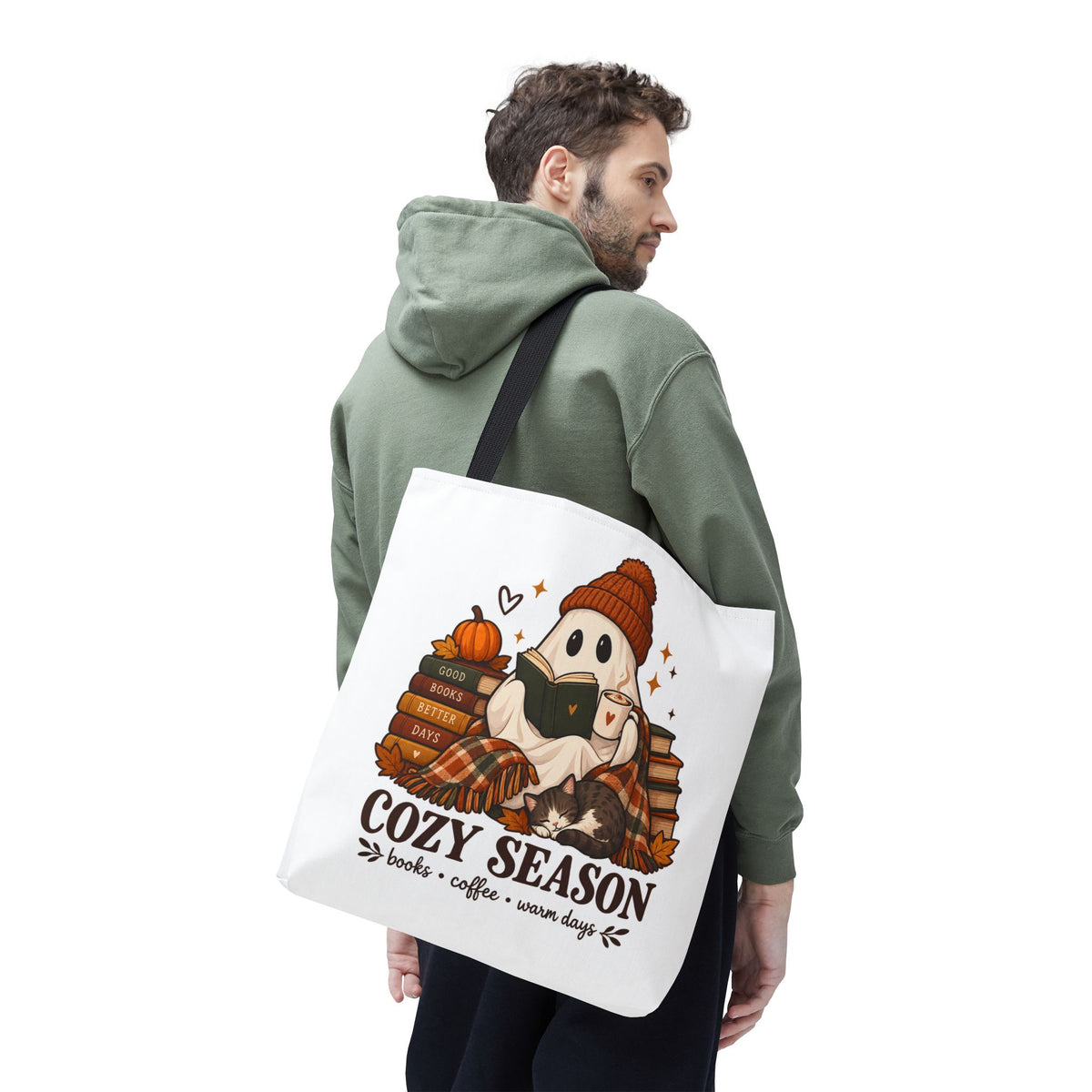 Cozy Season Tote Bag – Autumn Ghost Reading with Books, Coffee & Warm Days