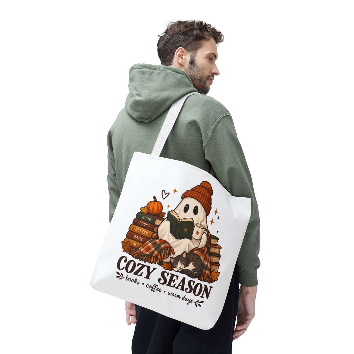 Cozy Season Tote Bag – Autumn Ghost Reading with Books, Coffee & Warm Days
