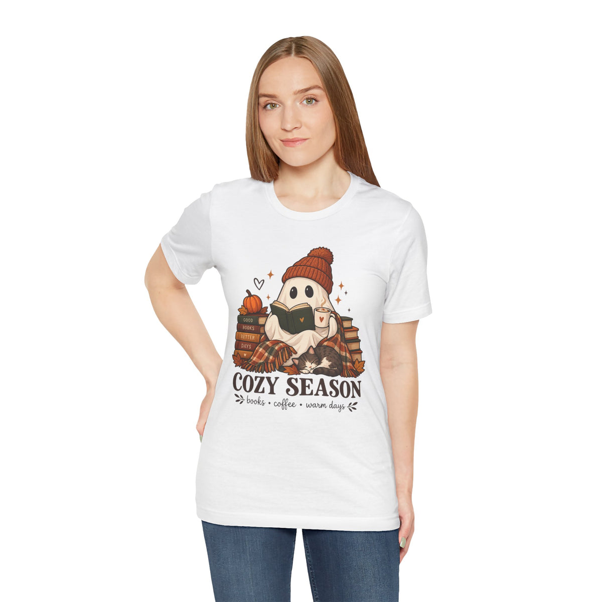 Cute Ghost with Books, Pumpkin & 'Cozy Season' Fall Shirt