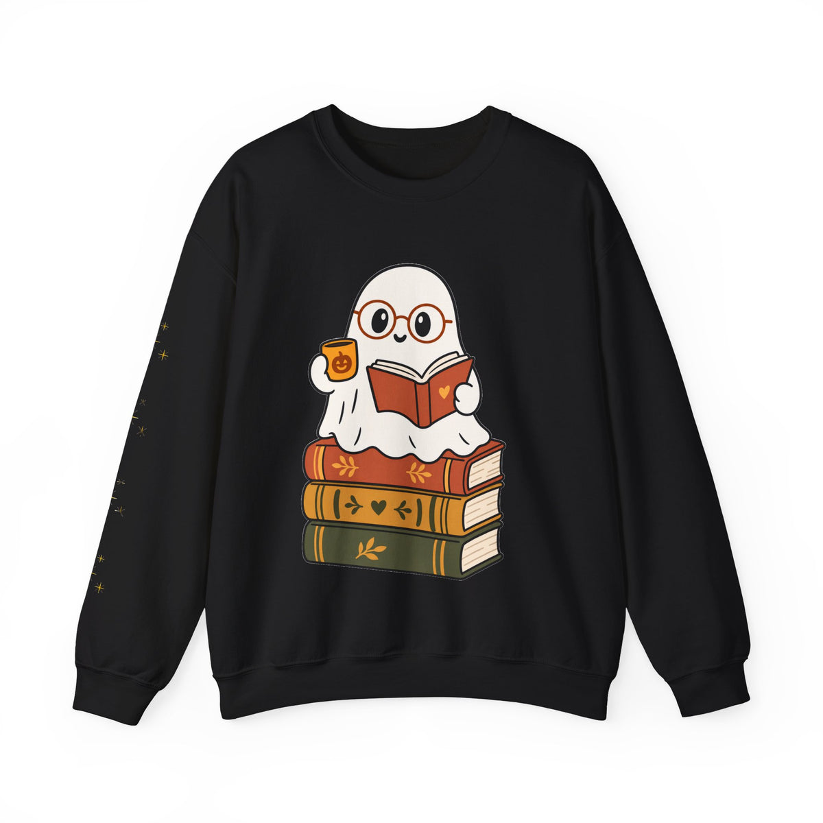 Ghost Reader Sweatshirt — Cute Bookworm Ghost on Stacked Books with Coffee
