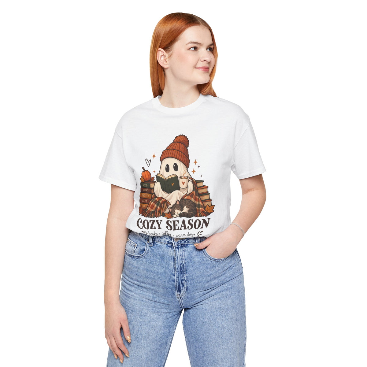 Cute Ghost with Books, Pumpkin & 'Cozy Season' Fall Shirt