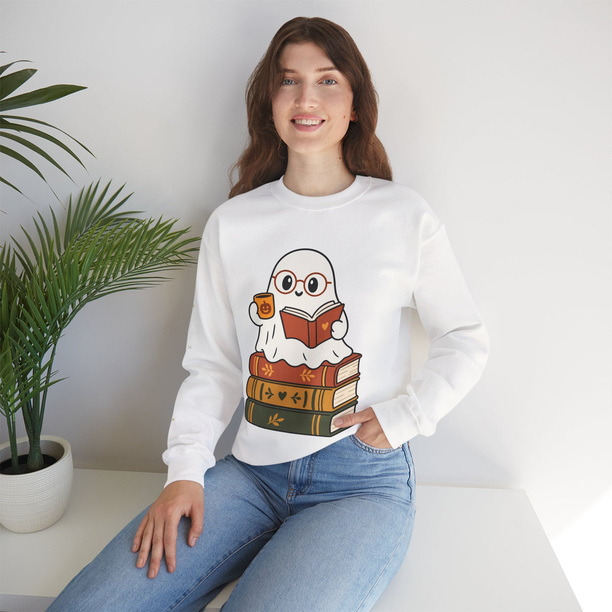 Ghost Reader Sweatshirt — Cute Bookworm Ghost on Stacked Books with Coffee