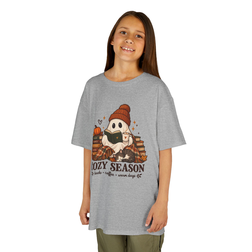 Kids Tee — "Cozy Season" Cute Ghost with Books & Pumpkin Fall Shirt