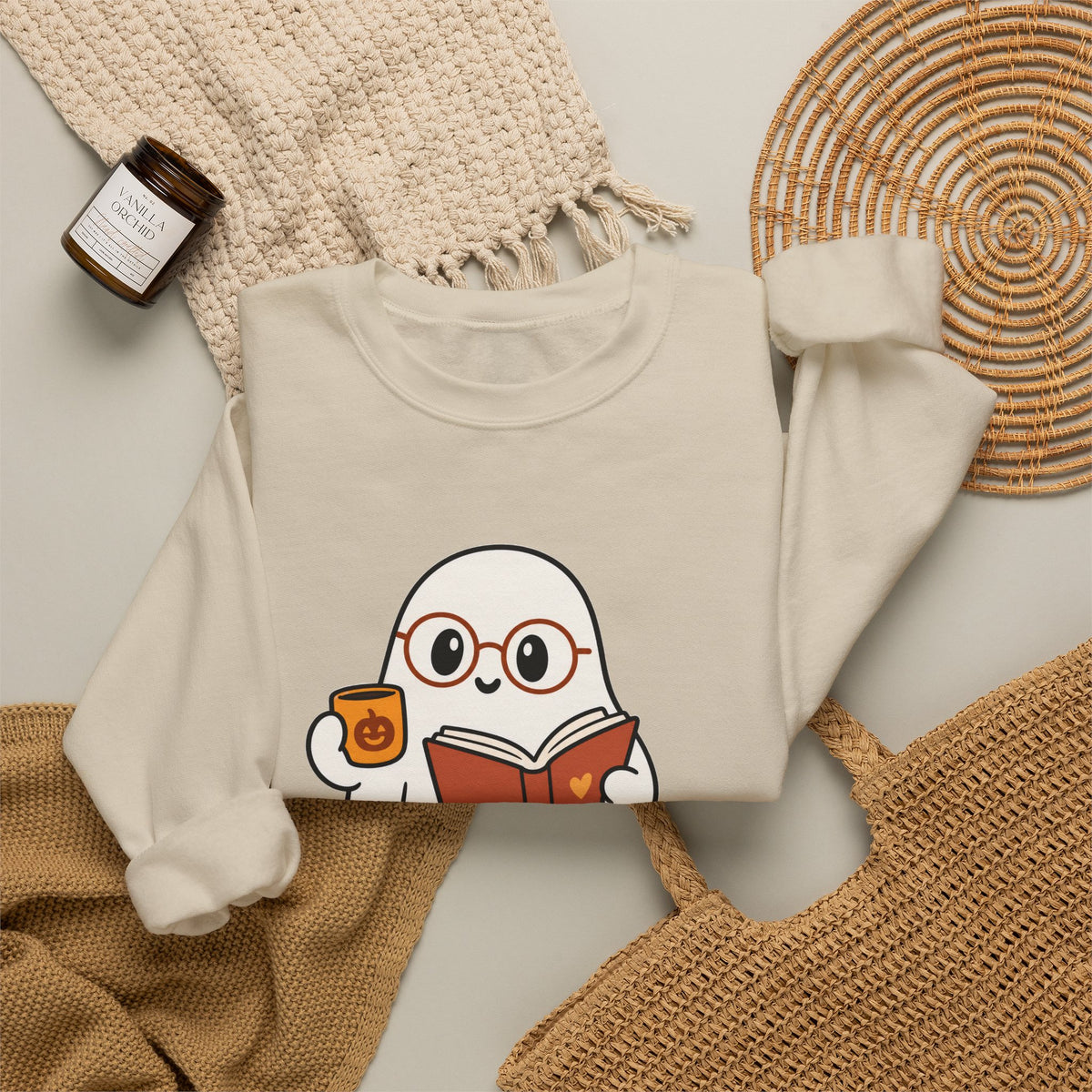 Ghost Reader Sweatshirt — Cute Bookworm Ghost on Stacked Books with Coffee