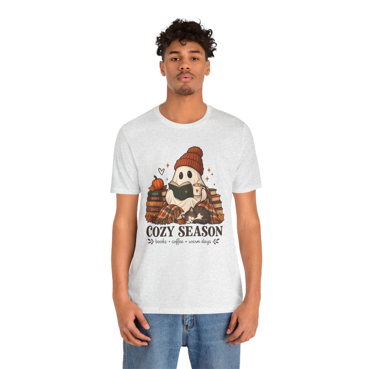 Cute Ghost with Books, Pumpkin & 'Cozy Season' Fall Shirt