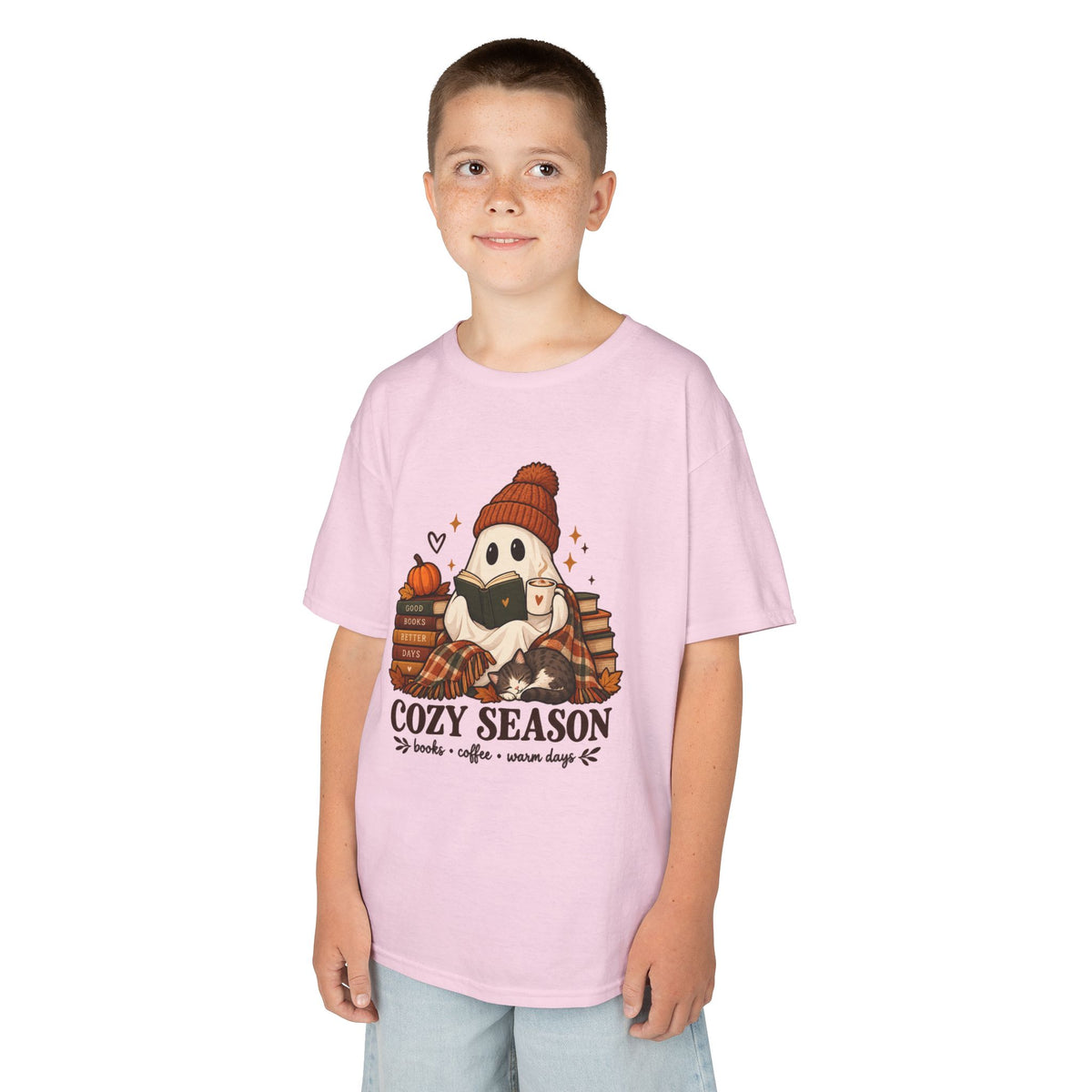 Kids Tee — "Cozy Season" Cute Ghost with Books & Pumpkin Fall Shirt