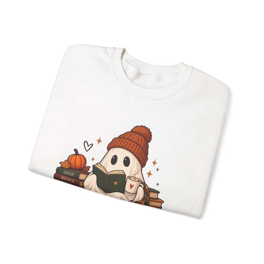 Cozy Season Sweatshirt — Cute Ghost with Books, Coffee & Warm Vibes