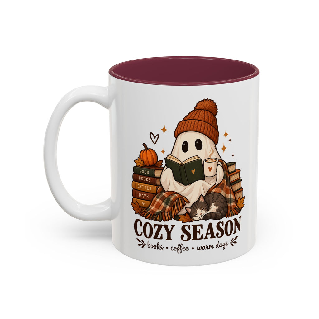 Cozy Season Ghost Accent Mug — Reading Ghost with Cat 11oz/15oz