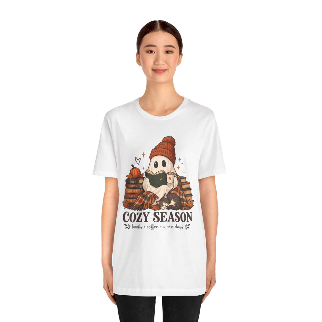 Cute Ghost with Books, Pumpkin & 'Cozy Season' Fall Shirt