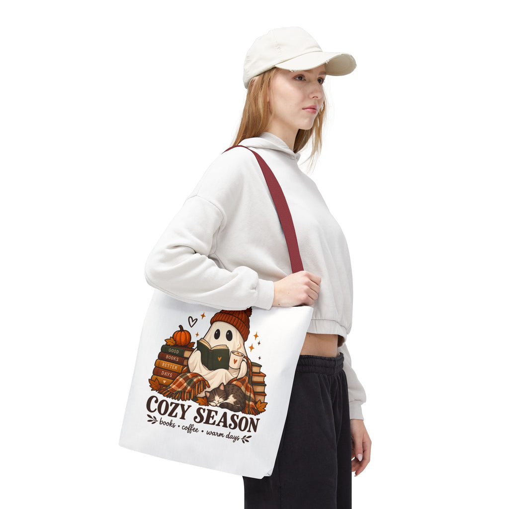Cozy Season Tote Bag – Autumn Ghost Reading with Books, Coffee & Warm Days