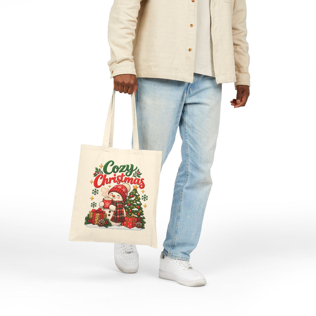 Cozy Christmas Snowman Tote Bag, Christmas Canvas Shopping Bag, Holiday Gift