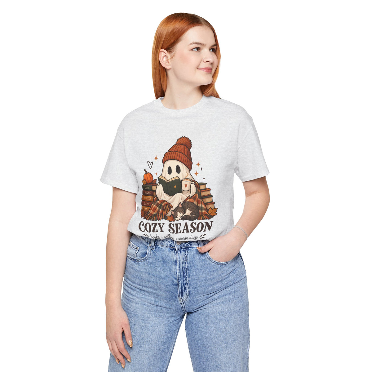 Cute Ghost with Books, Pumpkin & 'Cozy Season' Fall Shirt