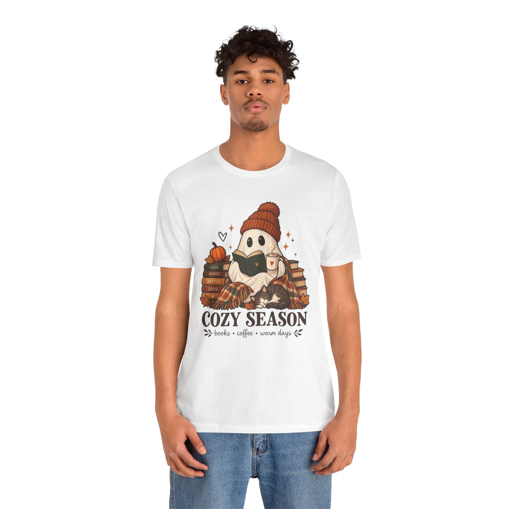 Cute Ghost with Books, Pumpkin & 'Cozy Season' Fall Shirt