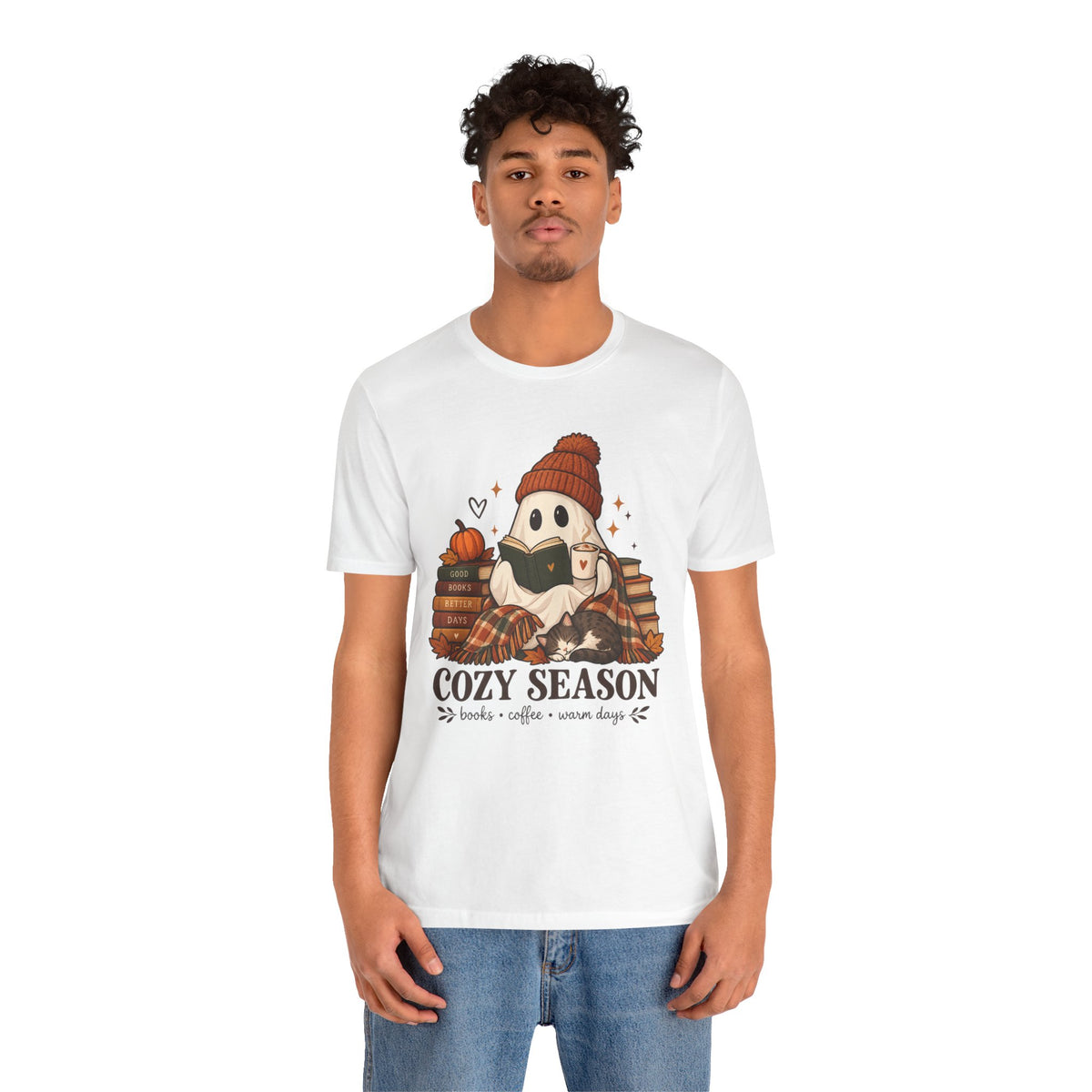 Cute Ghost with Books, Pumpkin & 'Cozy Season' Fall Shirt