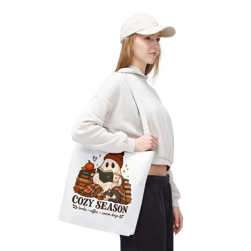 Cozy Season Tote Bag – Autumn Ghost Reading with Books, Coffee & Warm Days