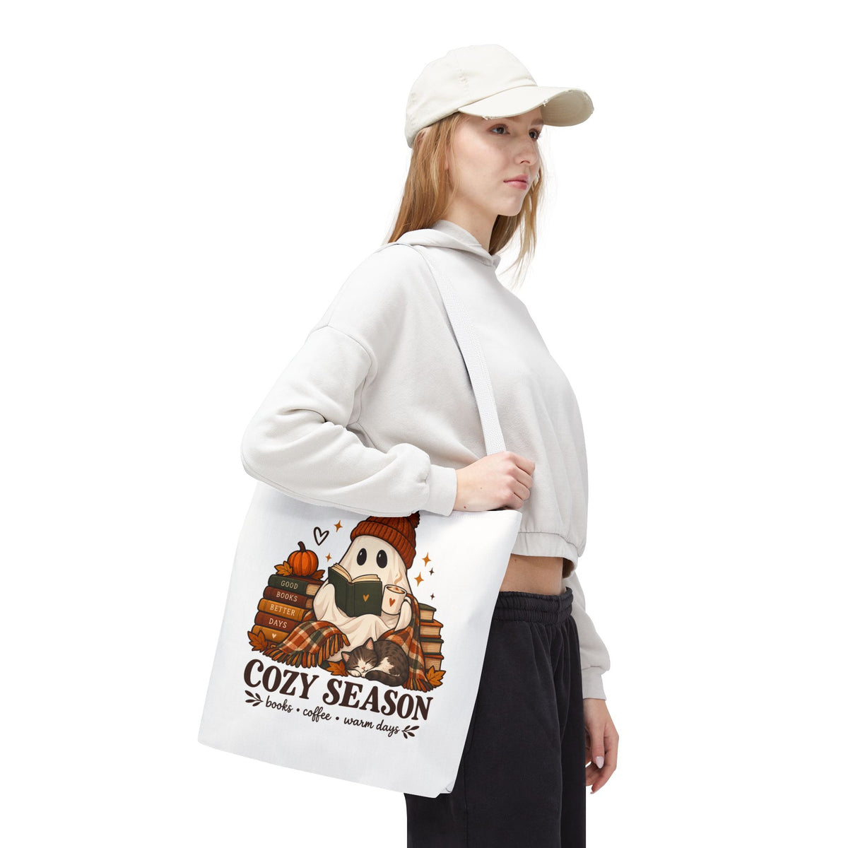 Cozy Season Tote Bag – Autumn Ghost Reading with Books, Coffee & Warm Days