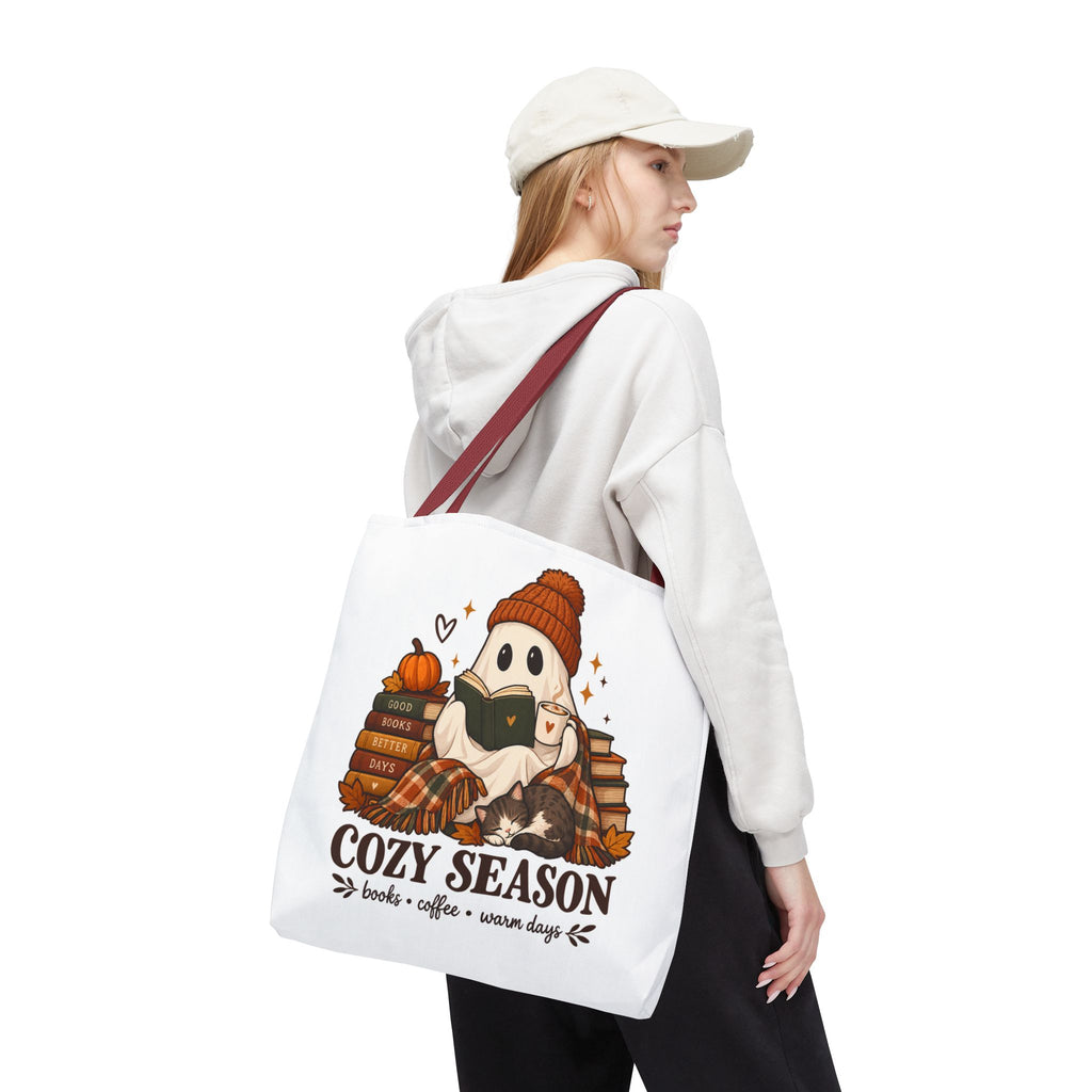 Cozy Season Tote Bag – Autumn Ghost Reading with Books, Coffee & Warm Days