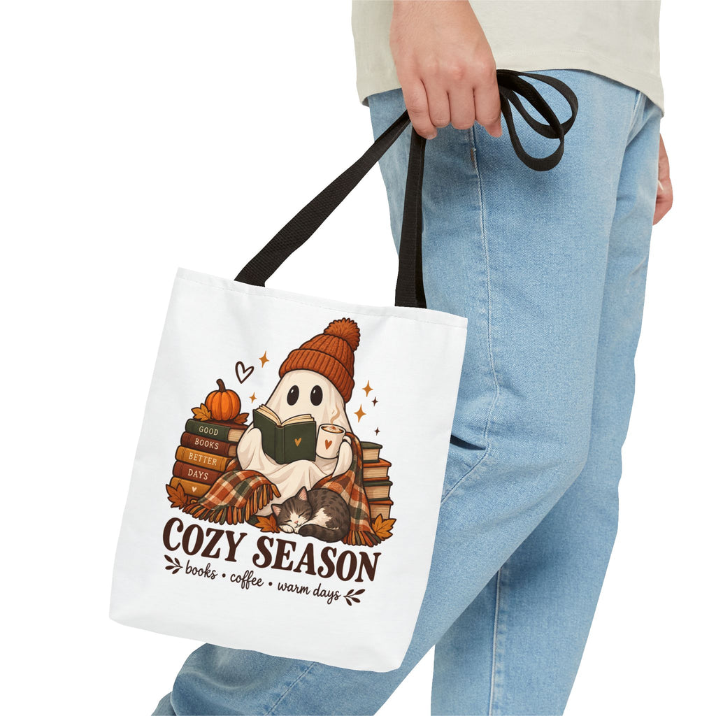 Cozy Season Tote Bag – Autumn Ghost Reading with Books, Coffee & Warm Days