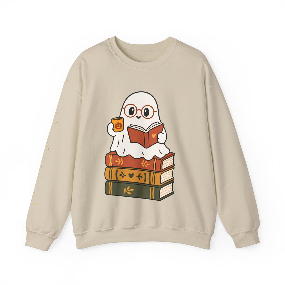 Ghost Reader Sweatshirt — Cute Bookworm Ghost on Stacked Books with Coffee