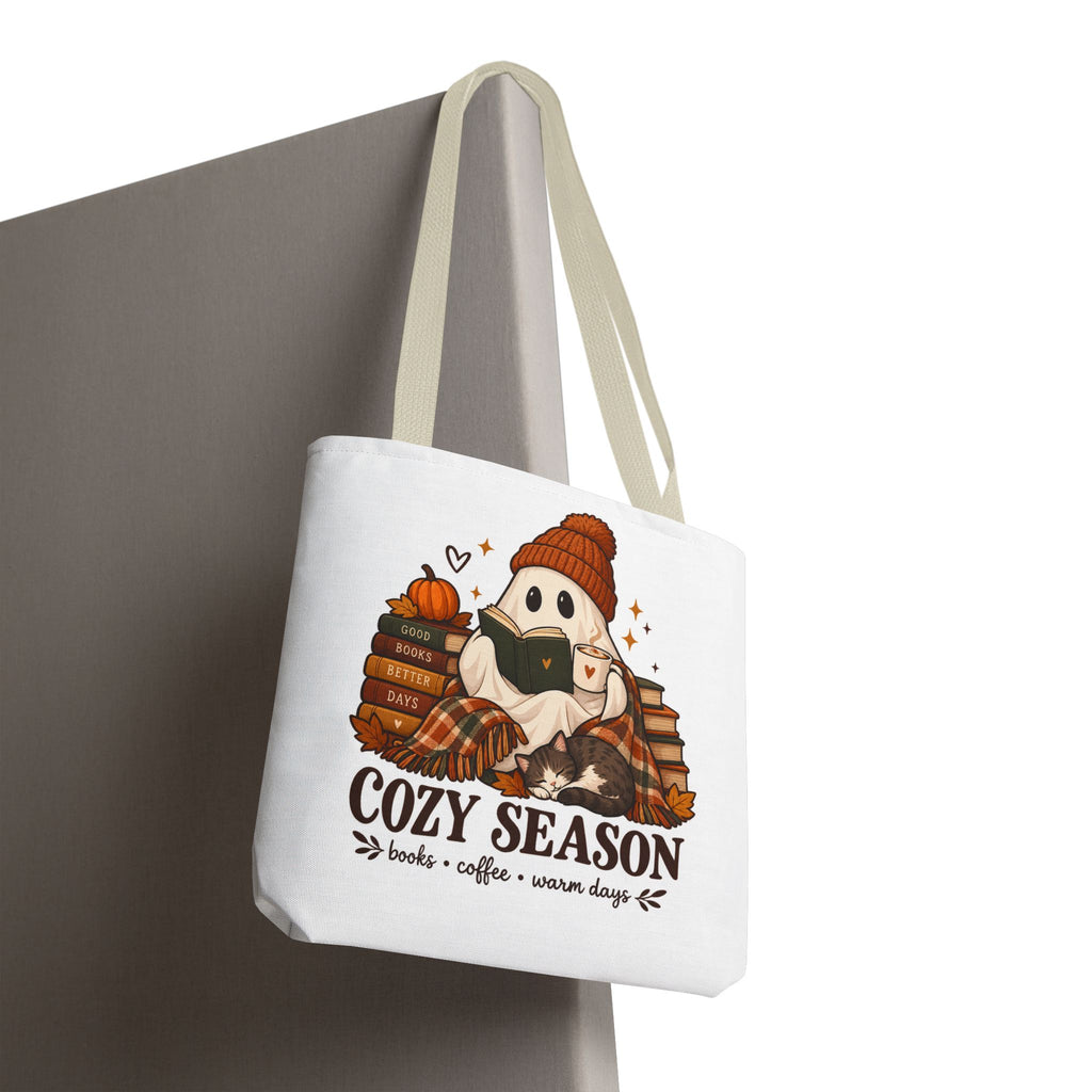 Cozy Season Tote Bag – Autumn Ghost Reading with Books, Coffee & Warm Days