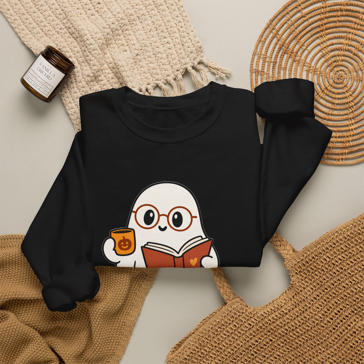 Ghost Reader Sweatshirt — Cute Bookworm Ghost on Stacked Books with Coffee
