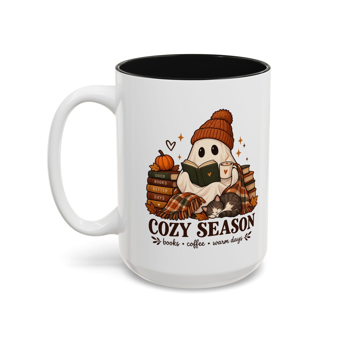 Cozy Season Ghost Accent Mug — Reading Ghost with Cat 11oz/15oz