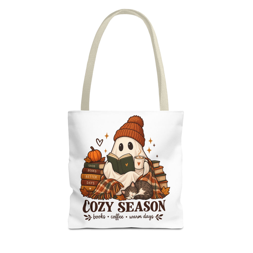 Cozy Season Tote Bag – Autumn Ghost Reading with Books, Coffee & Warm Days