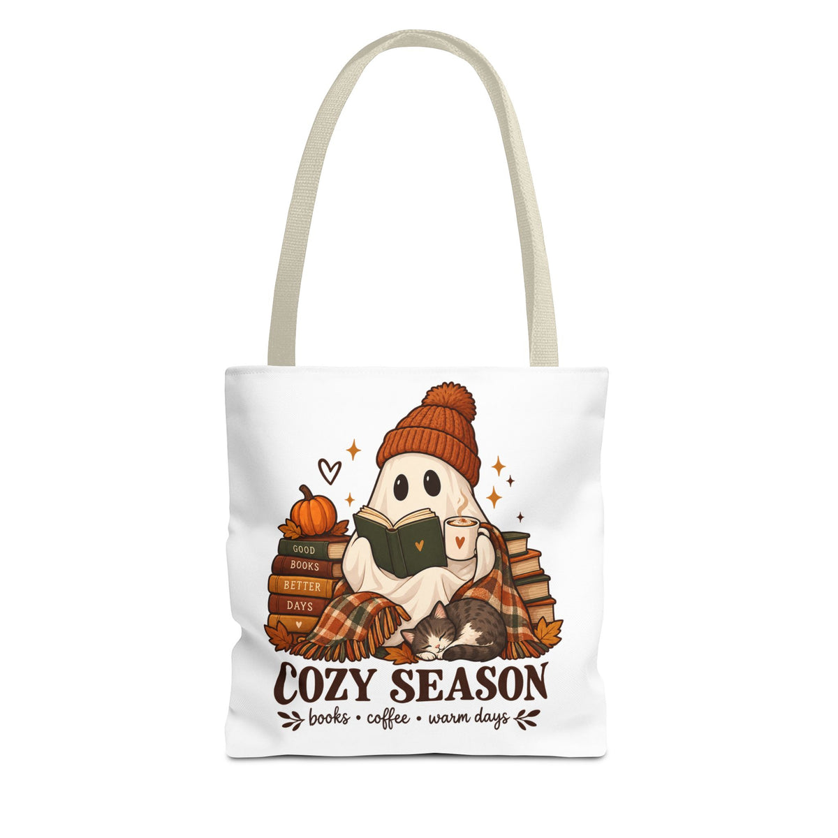 Cozy Season Tote Bag – Autumn Ghost Reading with Books, Coffee & Warm Days