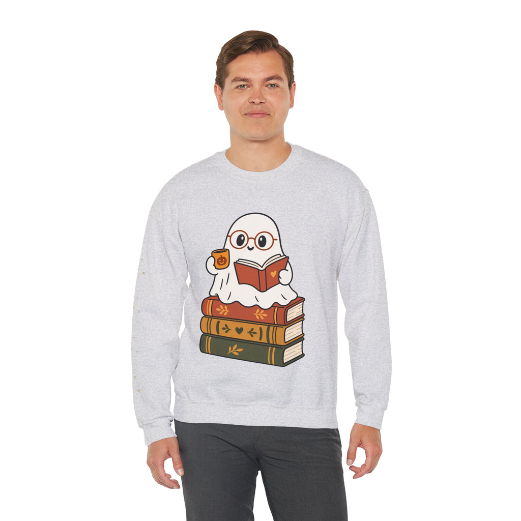 Ghost Reader Sweatshirt — Cute Bookworm Ghost on Stacked Books with Coffee